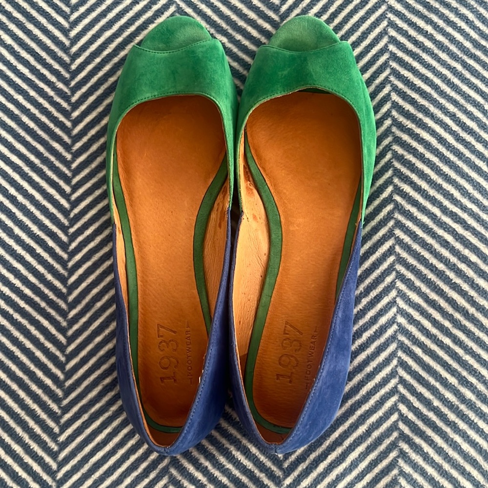 Madewell Green & Blue Suede Peep Tow Flats